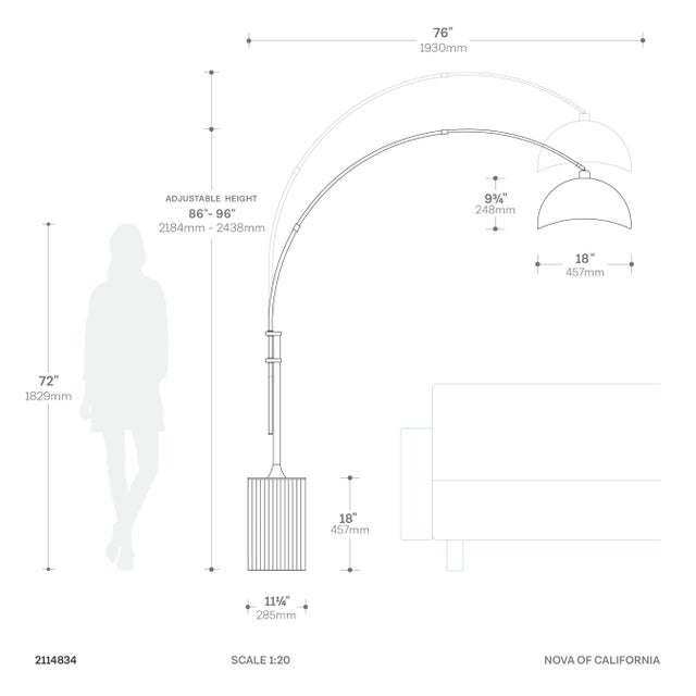 Mid-Century Modern 1980s Tambo 92"h 1-Light Arc Lamp, Satin Nickel/White-Luna Bella Leaf Shade, Black Oak Base, Satin Nickel, Dimmable, for Living Room or Bedroom For Sale - Image 3 of 3