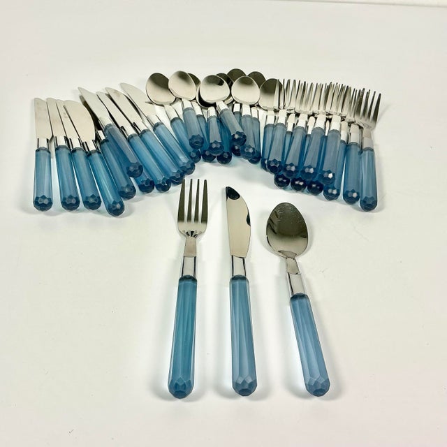 1980s 1980s Vintage Boho Chic French Blue Lucite Flatware With 18/10 Stainless Steel - Set of 33. For Sale - Image 5 of 8