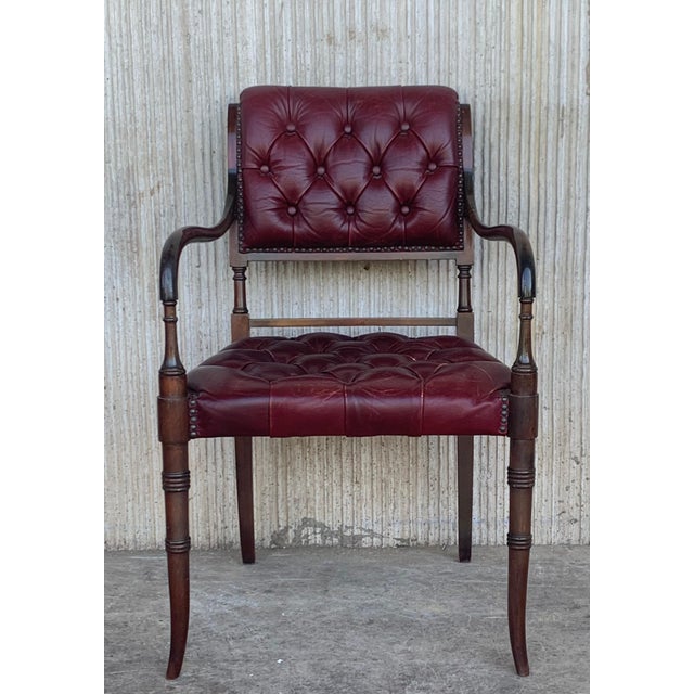 Set of Ten Restored Early 20th Century Chesterfield Hardwood Red Leather Dining Armchairs For Sale - Image 16 of 18