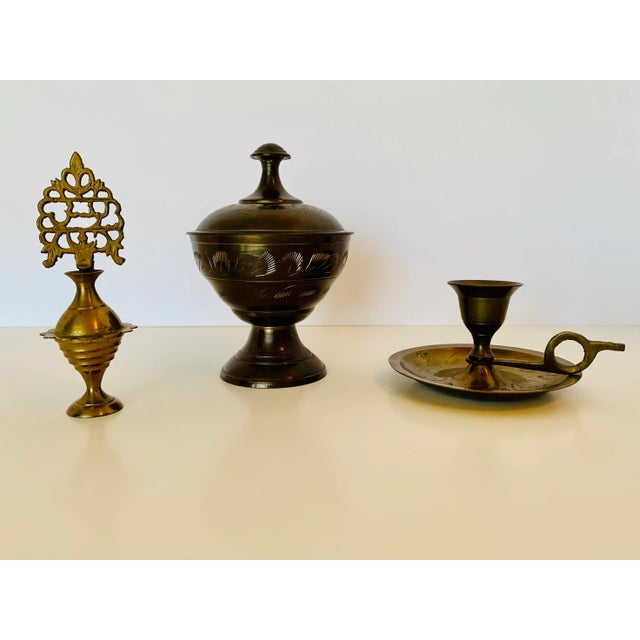 1980s Middle Eastern Brass Candle Holder, Bottle, and Lidded Dish - 3 Piece Set For Sale - Image 13 of 13
