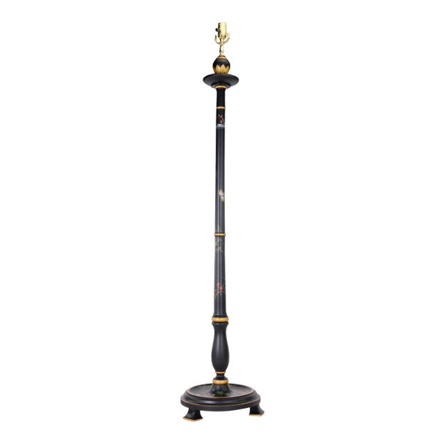 Vintage Black Pillar Wood Hand-Painted Color Chinoiseries Pattern Floor Lamp For Sale