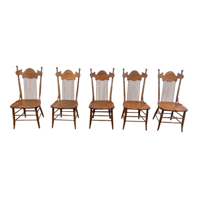 Early 20th Century Set of 5 Antique Tiger Oak Dining Chairs For Sale
