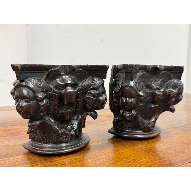 French 18th Century Antique Carved Dark Wood Capitals, Pair For Sale - Image 3 of 12