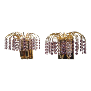 1970's Vintage Hollywood Regency Gold Plate With Austrian Amethyst Cut Crystal Waterfall Sconces by Palwa a - Pair