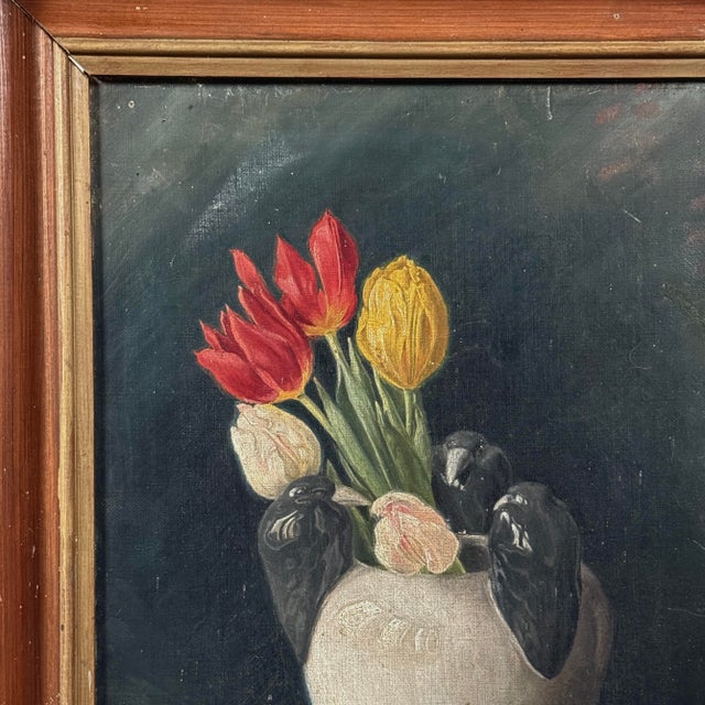 Victorian Antique Danish Victorian Floral Still Life With Tulips and Blackbirds, Signed For Sale - Image 3 of 8