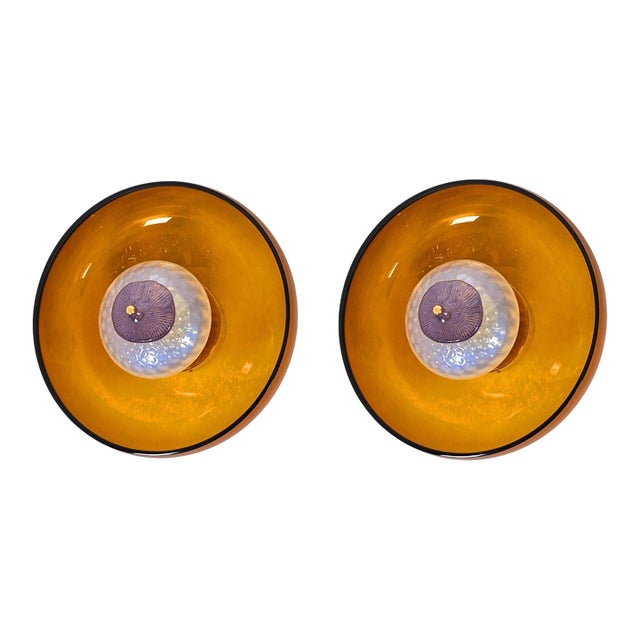 1990s Amber Mid Century Modern Murano Glass Sconces - a Pair For Sale