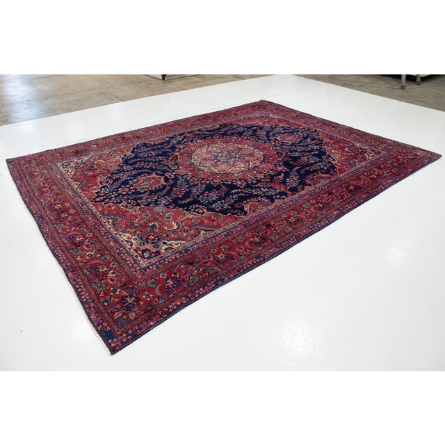 Vintage Rug, 100% Hand-Knotted Wool, Traditional Indigo Blue & Crimson Red Medallion Carpet For Sale - Image 4 of 7