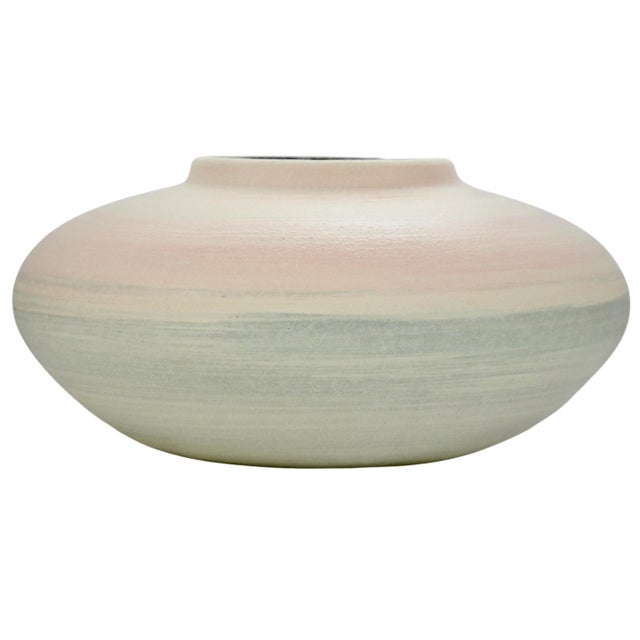 Large 12 inch vintage low profile vase with textural glaze over cream ceramic in soft blended horizontal strokes of pink,...