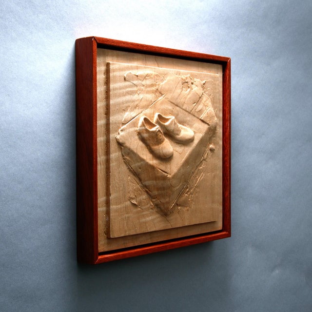 Contemporary Shoes by Dana Younger | Maple and Niove Relief Sculpture of a Pair of Shoes on a Box For Sale - Image 3 of 4