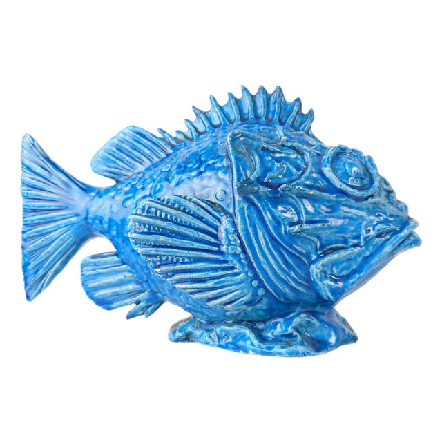 Italian Art Deco Blue Glazed Scorfano Fish Sculpture by Guido Cacciapuoti, 1930s For Sale