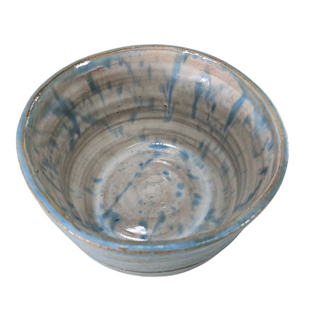 Rustic Mid-Century Signed Studio Art Pottery Bowl With Blue Drip Glaze For Sale - Image 3 of 7
