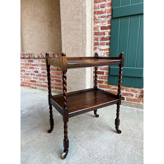 Antique English Barley Twist Tea Trolley Bar Cart Table Tiger Oak Dumbwaiter For Sale - Image 13 of 18