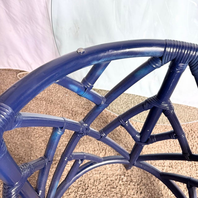 Wood Coastal Chic Navy Blue Chippendale Style Glass Top Dining Table For Sale - Image 7 of 11