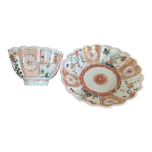 Antique 18th Century Chinese Kangxi Porcelain Tea Cup Bowl and Saucer in an Imari Palette