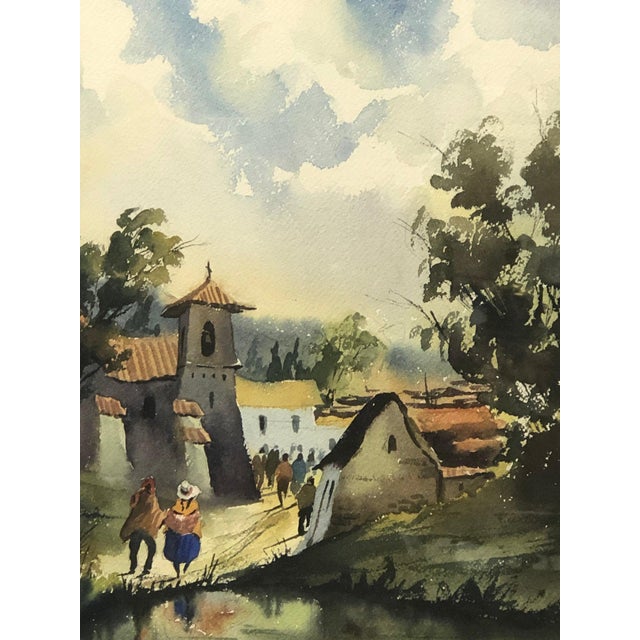 This charming 1980 original watercolor painting captures a serene village scene with warmth, nostalgia, and delicate...