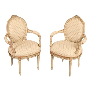 French Louis XVI Style Pair of Cream Painted Armchairs For Sale
