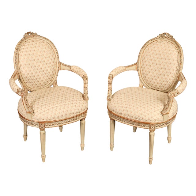 French Louis XVI Style Pair of Cream Painted Armchairs For Sale