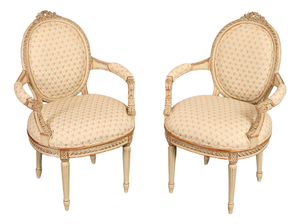 French Louis XVI Style Pair of Cream Painted Armchairs