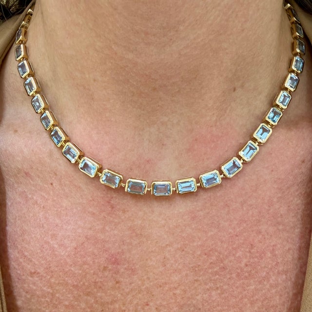 Gold 14k Yellow Gold 17.84ctw Bezeled Aquamarine Adjustable Tennis Chain Necklace For Sale - Image 8 of 8