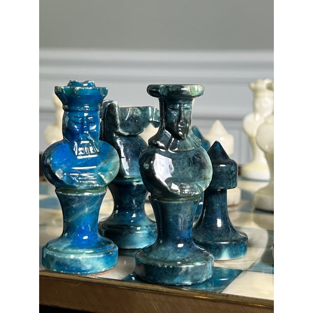 Chinese Stone Chess Set on Brass Framed and Footed Board in Blue and White, 1960s For Sale - Image 9 of 15