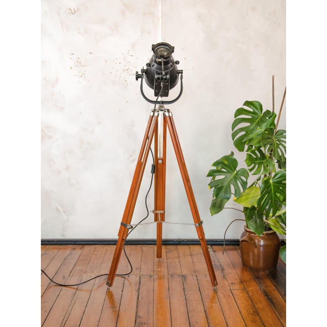 Industrial Vintage Theater Lamp on Wooden Tripod Floor Lamp, 1960s For Sale - Image 3 of 15