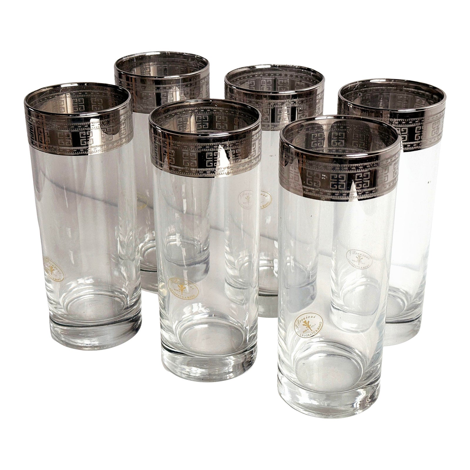 Vintage Italian Highball Glasses With Silver Greek Key Band by Preziosi - Set of 6