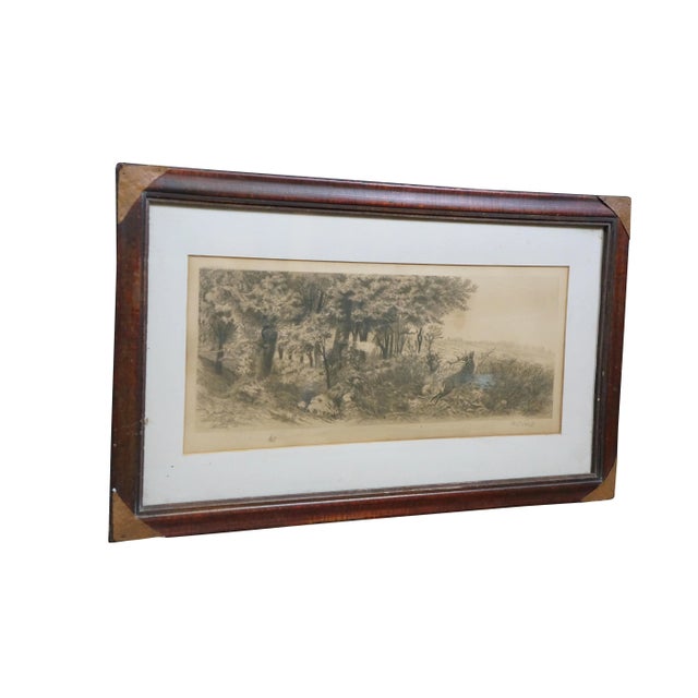 Victorian Antique Hc Rost Signed Hunt Theme Forest Elk Stag Landscape Etching 31" For Sale - Image 3 of 11