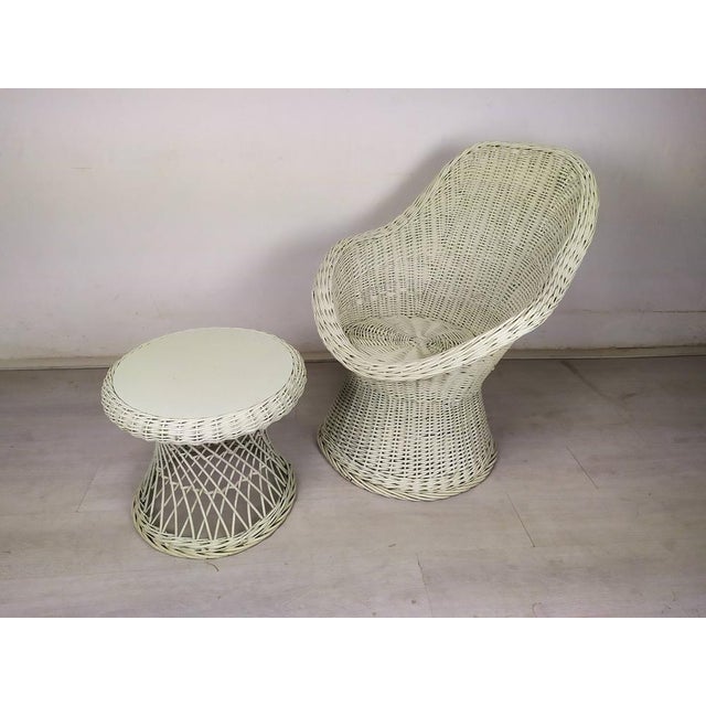 1950s Set of Vintage White Rattan Armchair and Table For Sale - Image 5 of 18