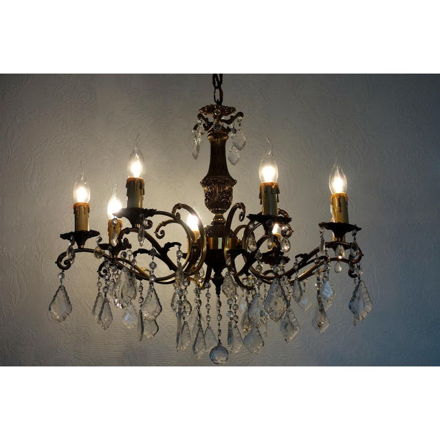 French Brass Crystal Eight-Light Chandelier, 1950s For Sale - Image 10 of 12