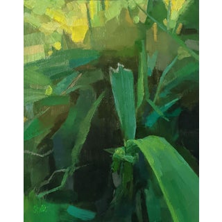 Collateral Beauty 1 by Shelli Langdale | Oil Painting of green foliage and abstract shapes For Sale