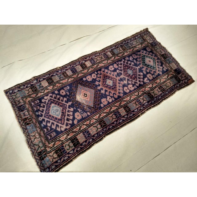 Textile Vintage Persian Kurdish Area Rug, Hand-Knotted Wool, Geometric Medallion Pattern, Blue & Ivory, 2x4 For Sale - Image 7 of 8