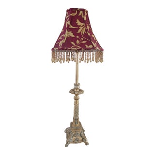Vintage Table Lamp With Red Beaded Shade, Ornate Metal Base, Victorian Lighting Decor For Sale