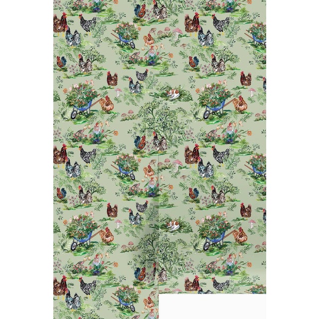 Cluckingham Farm Toile Grasscloth Wallpaper by House Party | Green Grass | 6 Yards For Sale