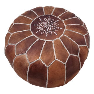 Handcrafted Moroccan Leather Pouf Cover – Rich Brown Ottoman, Genuine Goat Leather, Hand-Stitched Marrakech Artisan, Boho Chic Decor For Sale