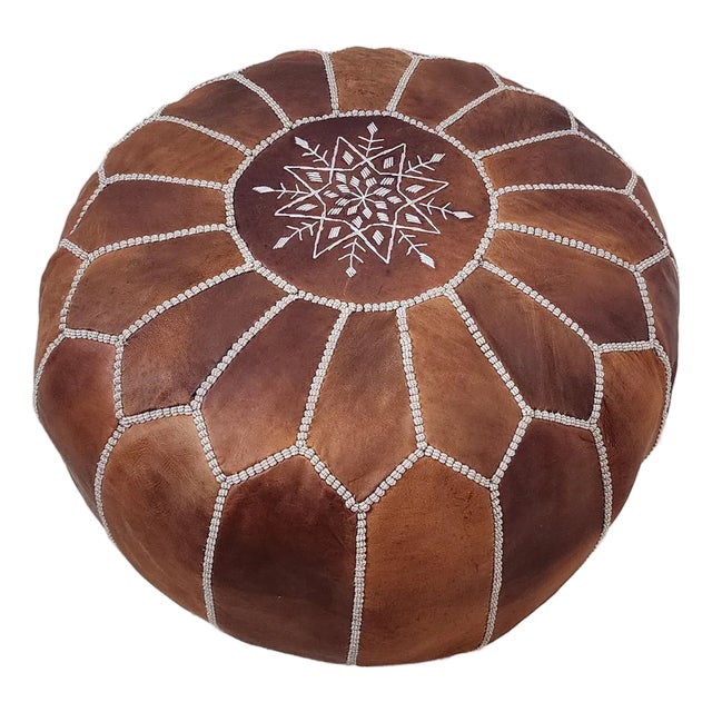 Handcrafted Moroccan Leather Pouf Cover – Rich Brown Ottoman, Genuine Goat Leather, Hand-Stitched Marrakech Artisan, Boho Chic Decor For Sale
