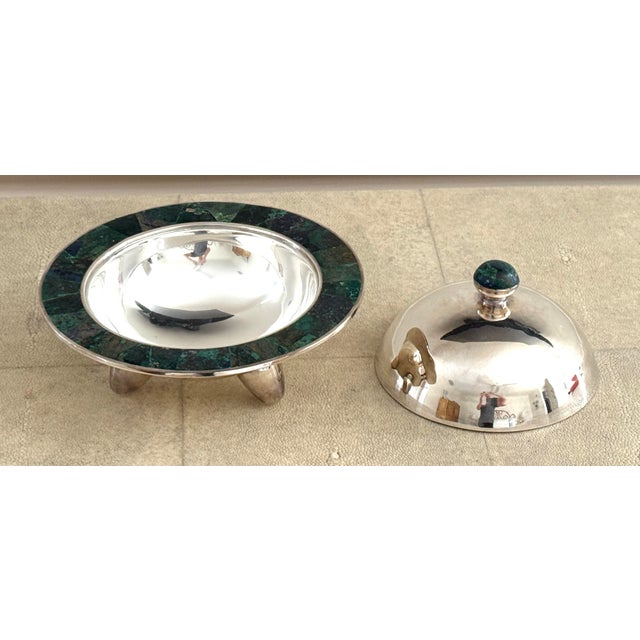 1980s Los Castillo Silver Malachite and Lapis Covered Bowl For Sale - Image 5 of 12