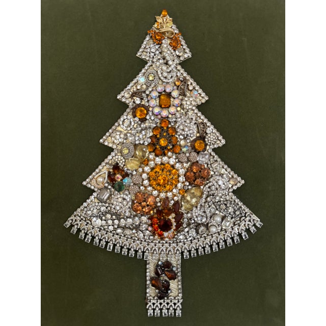 1970s Costume Jewelry Christmas Tree Collage Framed Wall Art For Sale - Image 4 of 12