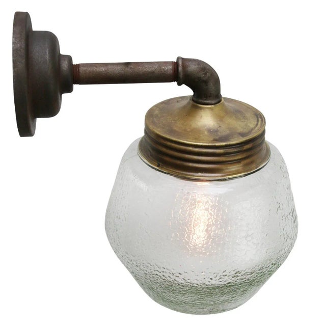 Vintage Cast Iron Sconce in Frosted Glass and Brass For Sale - Image 4 of 9