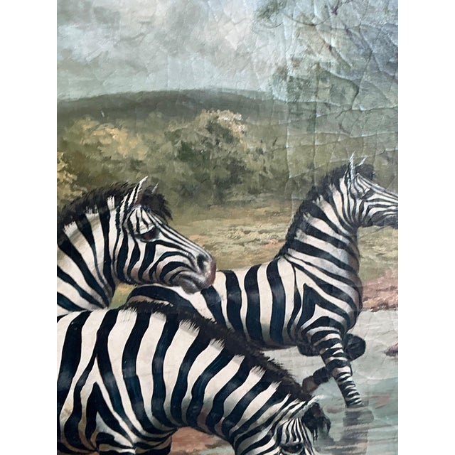 Late 20th Century Vintage Zebra Landscape Oil Painting For Sale - Image 5 of 18