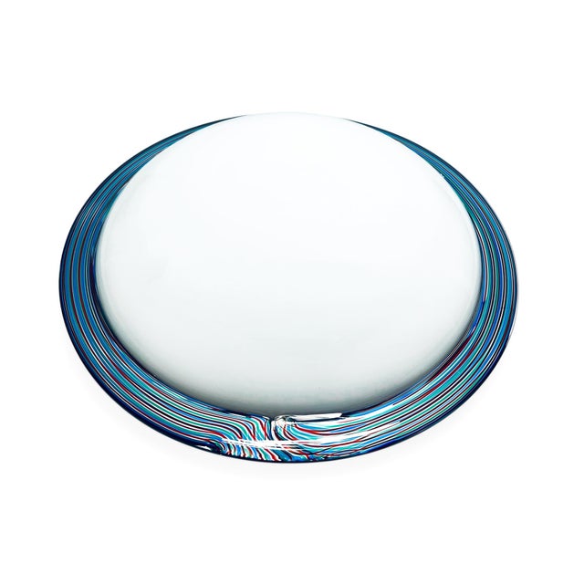 Vintage Italian wall light, single milky white Murano glass shade enclosed with hand blown rainbow colored stripes, in the...