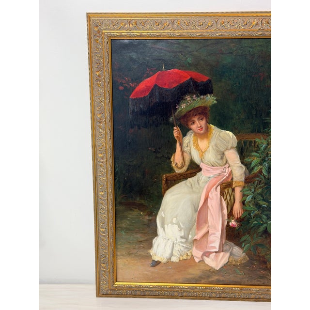 19th Century Oil Portrait of an Elegant Victorian Lady With Red Parasol, Signed by William Oliver (1823–1901) Gilt Framed For Sale - Image 9 of 18