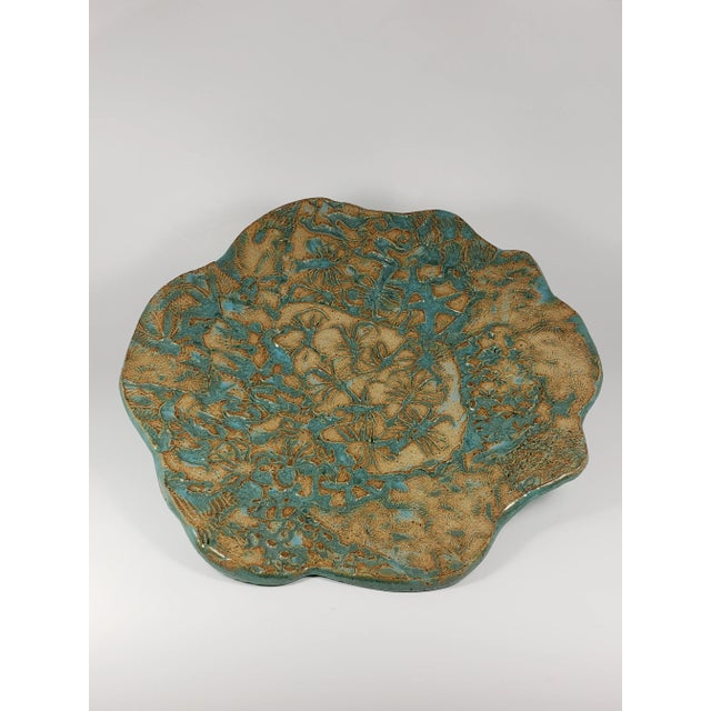 1990s Decorative Handmade Teal Floral and Geometric Pottery Plate/Bowl Signed For Sale - Image 4 of 10