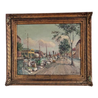 Vintage Original Scandinavian Harbor Oil Painting For Sale