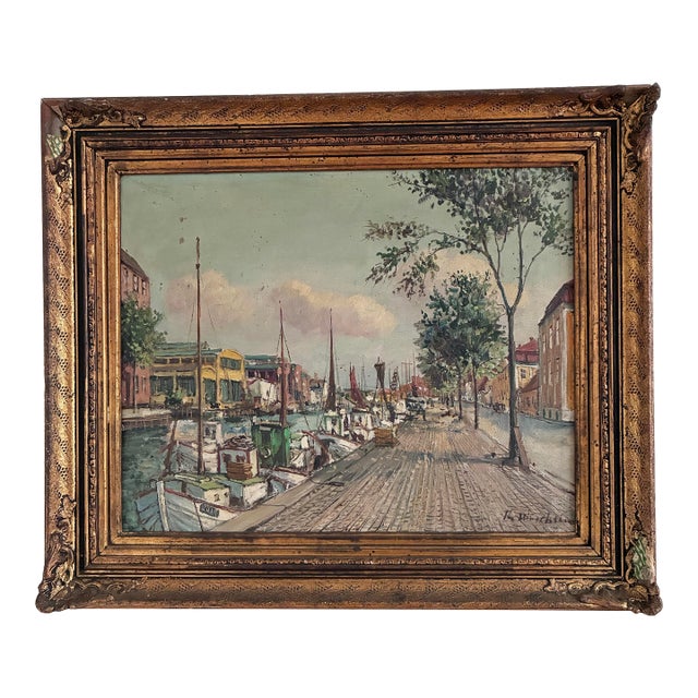 Vintage Original Scandinavian Harbor Oil Painting For Sale