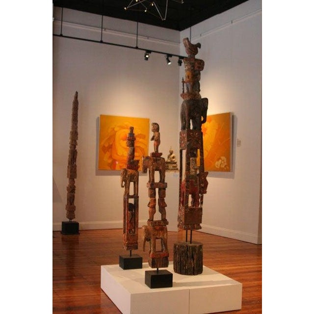 Folk Art Tall Antique Burmese Carved Architectural Pole on Display Stand Southeast Asia For Sale - Image 3 of 10