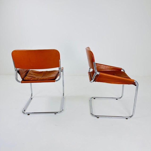 Italian Cognac Leather and Chrome Tubular Sling Chair, 1970s For Sale - Image 4 of 11