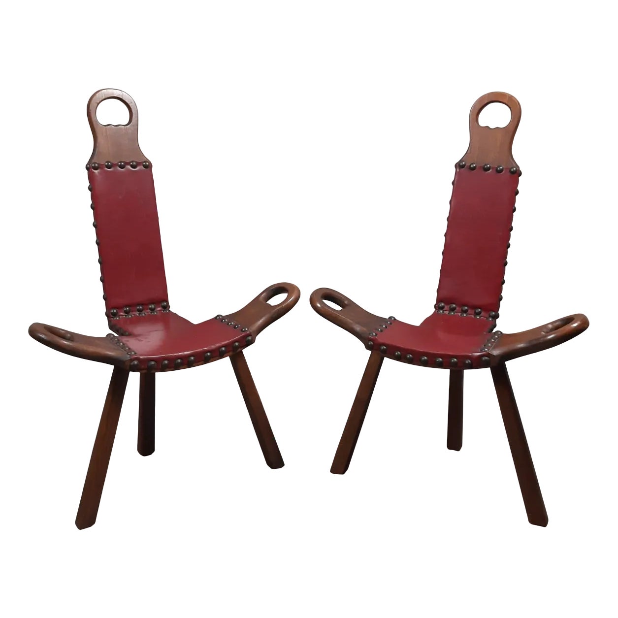 Set of Spanish Brutalist Chair in Wood & Red Leather, 1960s | Chairish