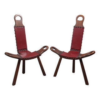 Set of Spanish Brutalist Chair in Wood & Red Leather, 1960s For Sale