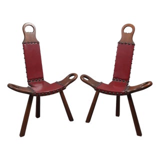 Spanish Brutalist Chair in Wood & Red Leather, 1960s, Set of 2 For Sale