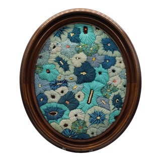 1970's Vintage Yarn Embroidery Folk Art in Shades of Blue & Green, Framed For Sale